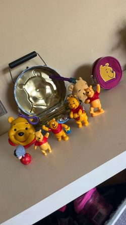 Disney Winnepooh figure one head plush Eyore pluses/2coins box they can hinging on pants or purse/5plastic figures no stains no ripped