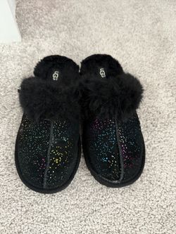 UGG Kids Cozy II - Black Sheepskin slipper with multi color glitter