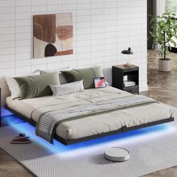 King Size Floating Bed Frame with LED Lights, Heavy Duty Metal Platform Floating Bed Frame with Charging Station, No Box Spring Needed, Black