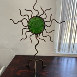 Vintage Wrought Iron Celestial Glass Sun Standing Face Candleholder - 20” tall Green