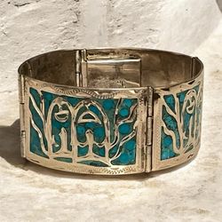 Vintage 1940s Mexican Silver 925 Turquoise Link Bracelet 7 1/2 inches