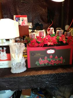 Christmas decorations. Poinsettia candle holder, angel vase. Lot
