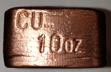Copper Hand Poured 10oz .999 Fine Copper Bar!