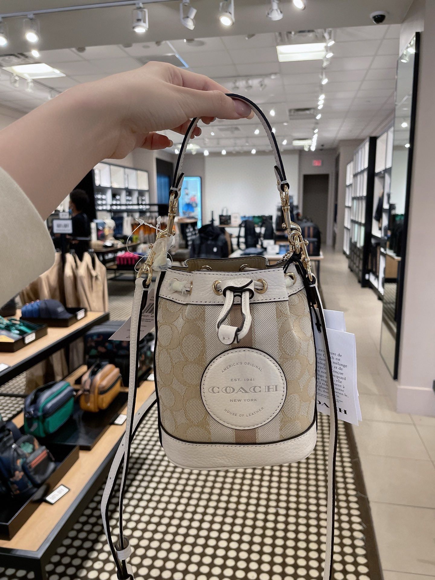 Coach C8322 Mini Dempsey Bucket Bag In Signature Jacquard Light Khaki Chalk NWT