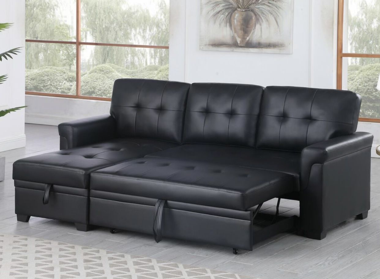 New Black Sectional Sofa Couch Sleeper With Storage Ottoman 