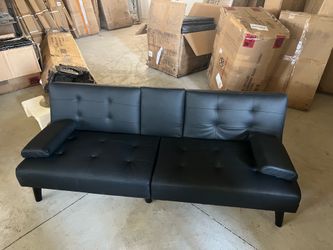 Futon Sofa Bed, Leather Foldable Futon Couch, Reclining Sleeper with Removable Armrests, Upholstered Loveseat Sofa Couch with Folding Cup Holders for 