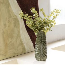 Palm Leaf Vase, Ceramic Flower Vase for Home Decor, Modern Farmhouse Decor, Bohemian Vase for Pampas Grass and Flower, Tabletop Decor, Living Room Dec