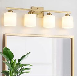 9979: New Stainless Steel Milk Glass Vanity Lights for Bathroom, 4 Light Gold Bathroom Light Fixtures Over Mirror, Ceramic E26 Sockets Wall Mounted