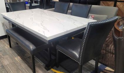 6PC Marble top dining table set with leather chairs