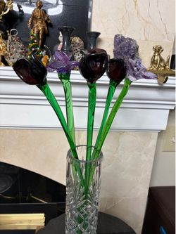 Set of 5 purple glass flowers 20”long