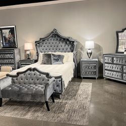 Gray Velvet Upholstered King Queen Bedroom Set Bed Dresser Mirror Nightstand 