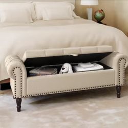 Cerella 50 in.Wheat Tufted Fabric Upholstered Storage Bedroom Bench Rolled Arm Button Tufted Storage Ottoman