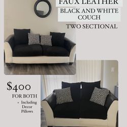 TWO Faux Leather Black & White Sectional Couches 