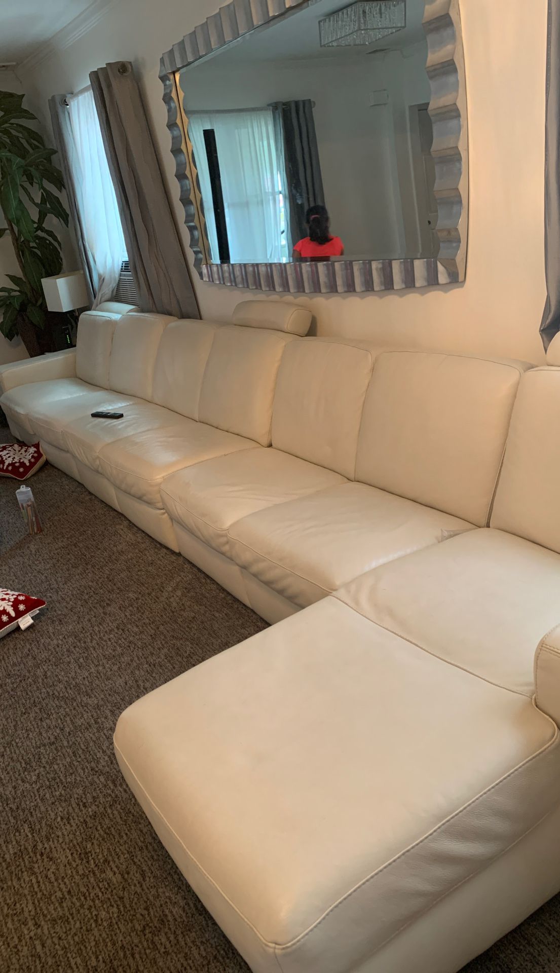 White leather couch one recliner off-white very good condition originally $10,000