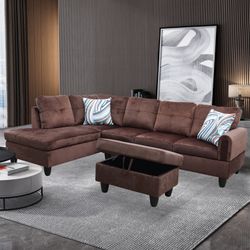 Chocolate flannel sectional Couch with ottoman 