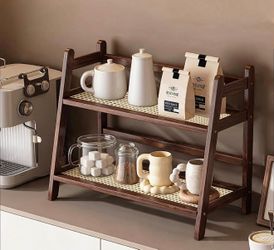 D-werack 2 Tier Wooden Coffee Bar Organizer Shelf Matcha Station Dark Brown