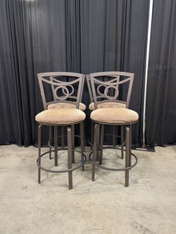 Set of Four Tan Upholstered Swivel Bar Stool in Dark Metal