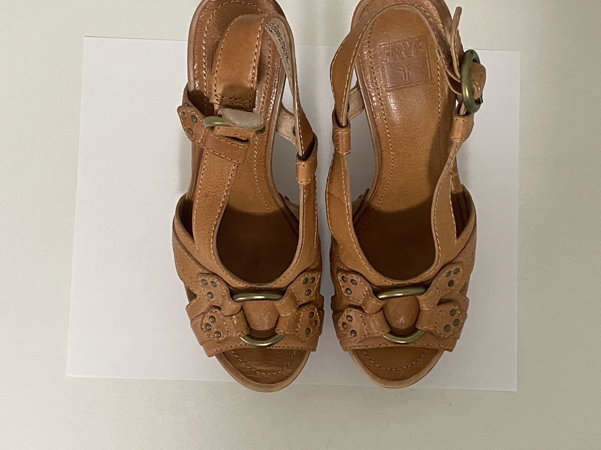 Frye Women’s June Slingback Brown Leather Wooden Wedge Sandals Size 8