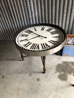 Industrial Style Clock Accent Table With Glass Top Metal Sides With Nailhead Grommets