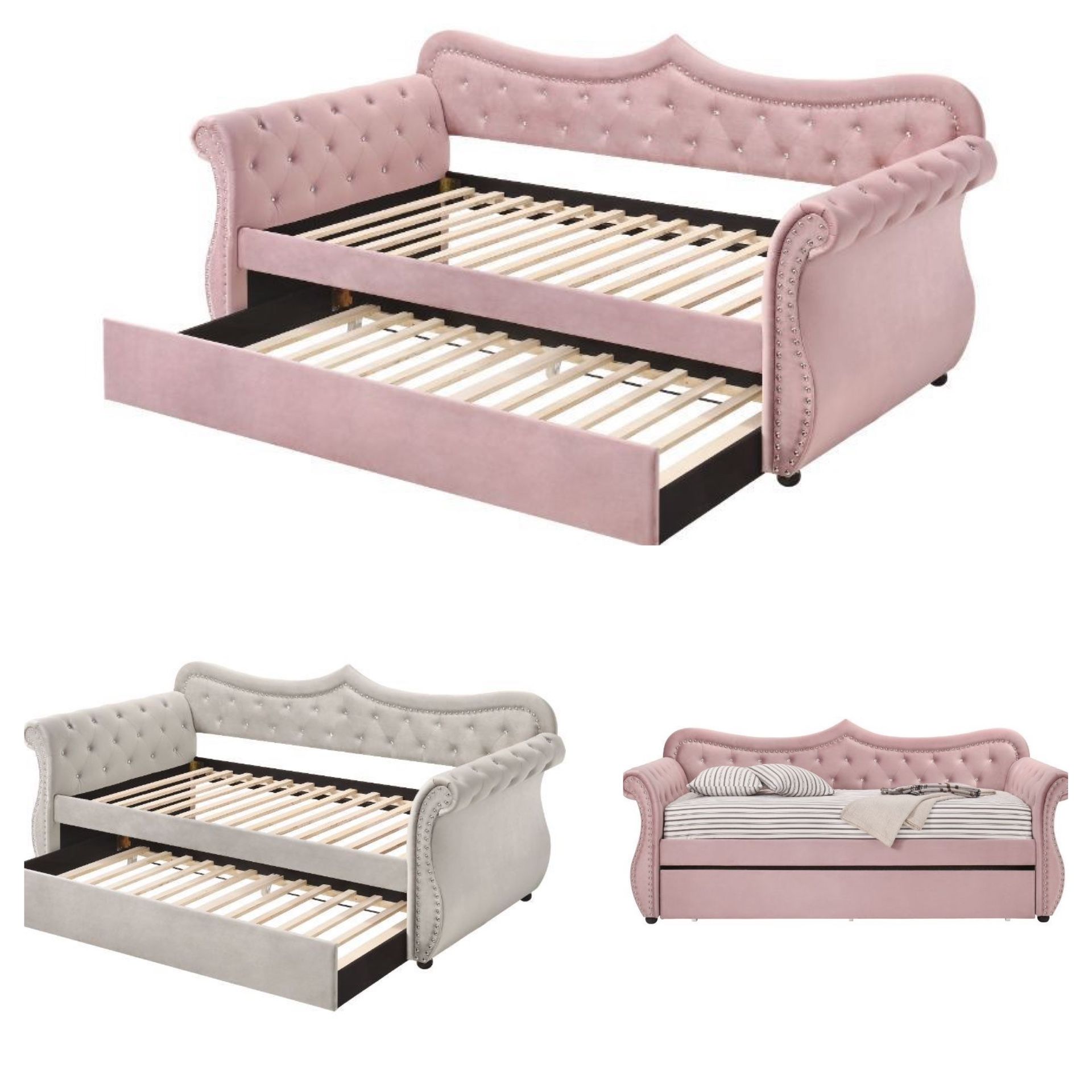 GLAM PINK OR BEIGE VELVET TWIN SIZ DAYBED-TRUNDLE-TUFTED-NAILHEAD-ACCENTS