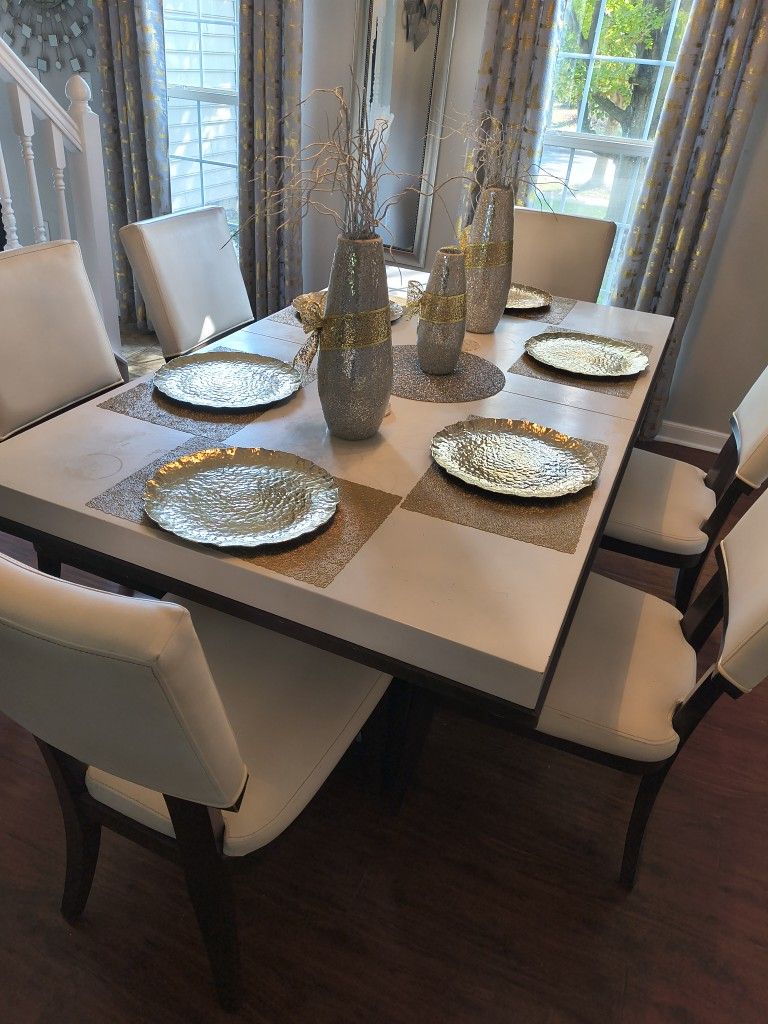 Dining Room Table With Extension Leaf And Six White Leather Chairs