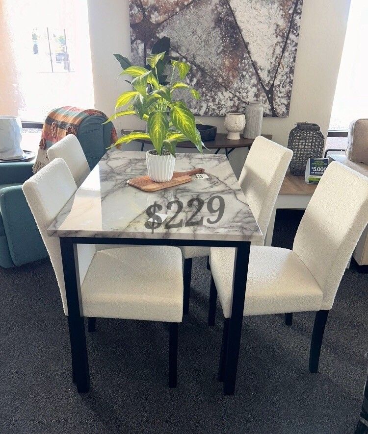 Stylish 5-Pc Dining Set With White Wool Fabric Upholstery Brand New