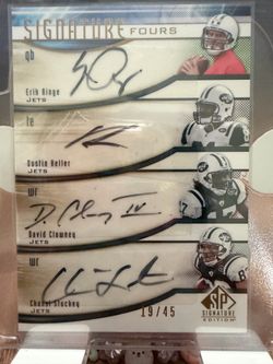 2009 Upper Deck Signatures Fours card #F-CSKA NY Jets Ainge, Dustin Keller, Clowney, Stuckey autos /45