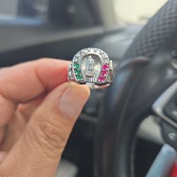 New Silver Ring With The Virgin Mary  In The Mexican ColorsSize 10 1/2.