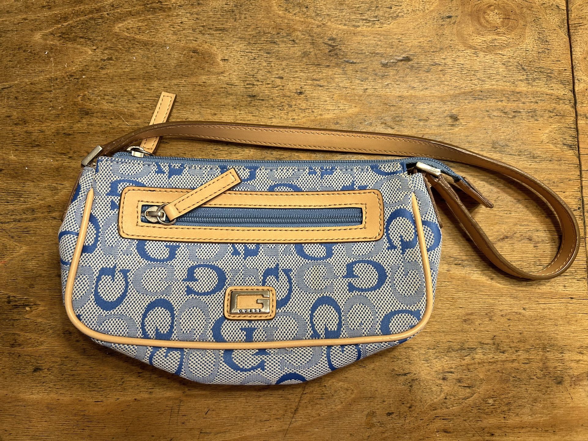 GUESS Hand Bag/Mini Bag, Light Blue & Tan Leather