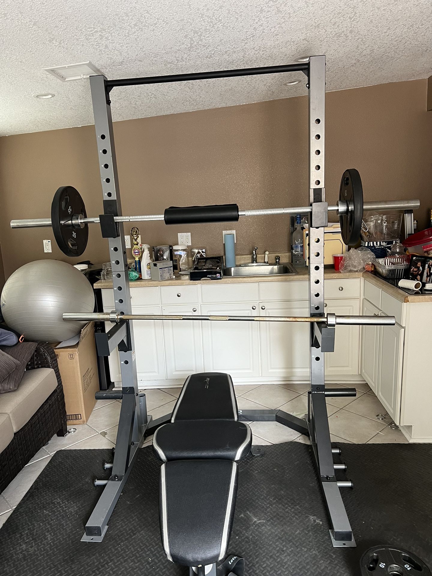 Squat Rack, Bench,weights, And Medicine Ball
