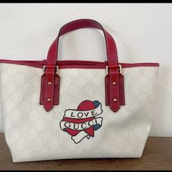 Gucci Heart Tattoo Handbag White Coated Canvas Tote