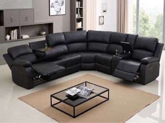 Black leather fully reclining sectional couch
