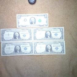 Four 1957 $1 Notes Plus One 1976 $2 Note