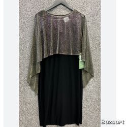 J. Taylor Eveningwear Dress Black with Gold Metallic Cape Shawl Women's Size 16