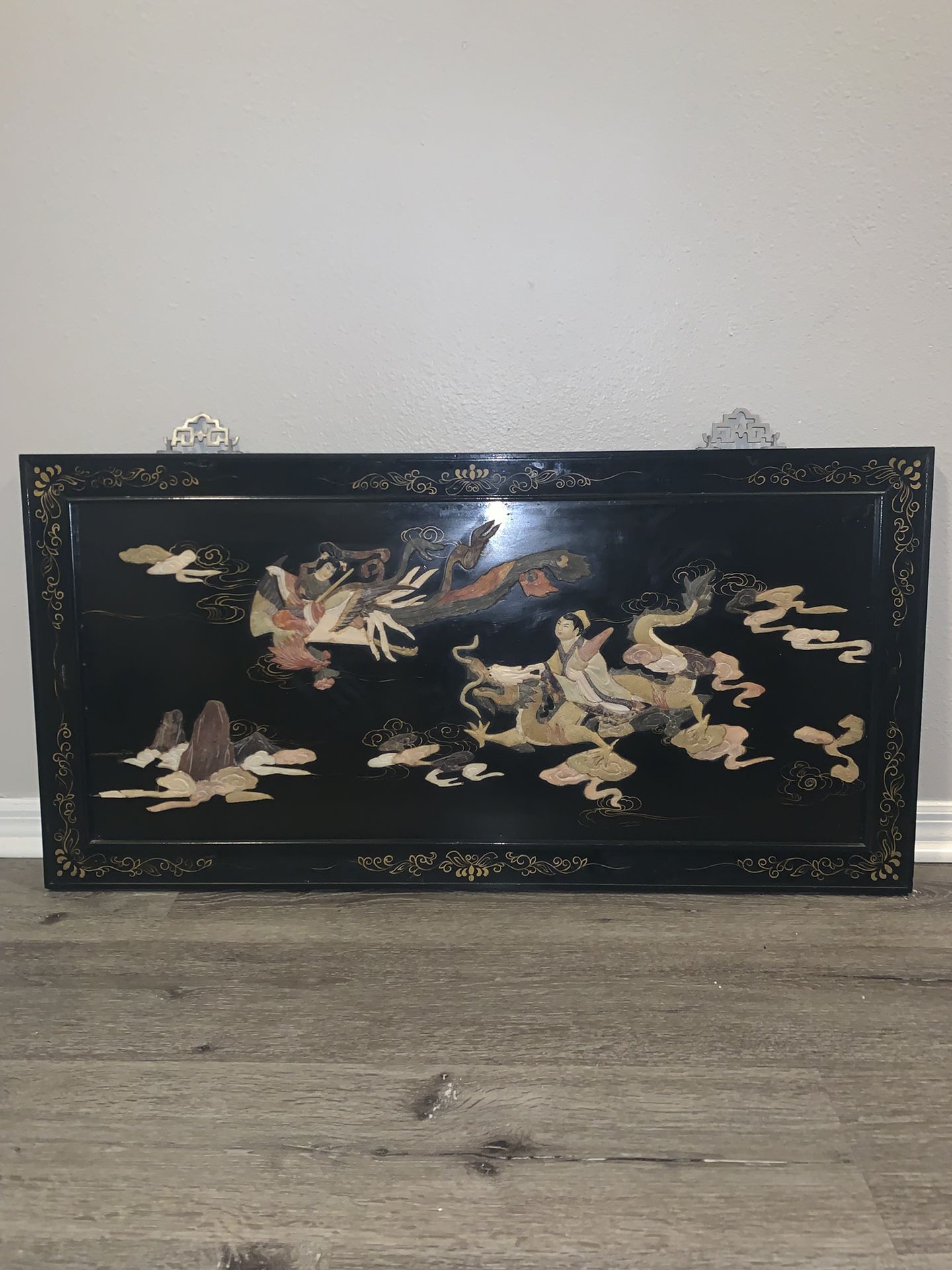 Antique Chinese Carved Precious Stone Inlay Art Black Lacquer
