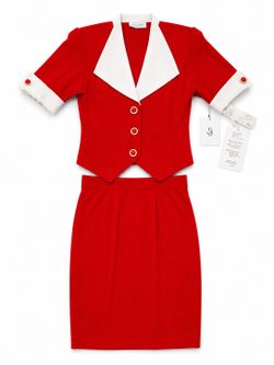 St. John by Marie Gray Santana Knit Skirt Suit Red Silk Collar Buttons Sz 4 NWT