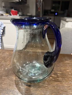 Pier 1 Mexicali Hand-Blown Glass Pitcher - Cobalt Blue Rim & Handle, 9in