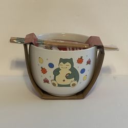 Pokemon Snorlax Eating Ceramic Ramen Noodle Rice Bowl with Chopsticks 20 Ounces