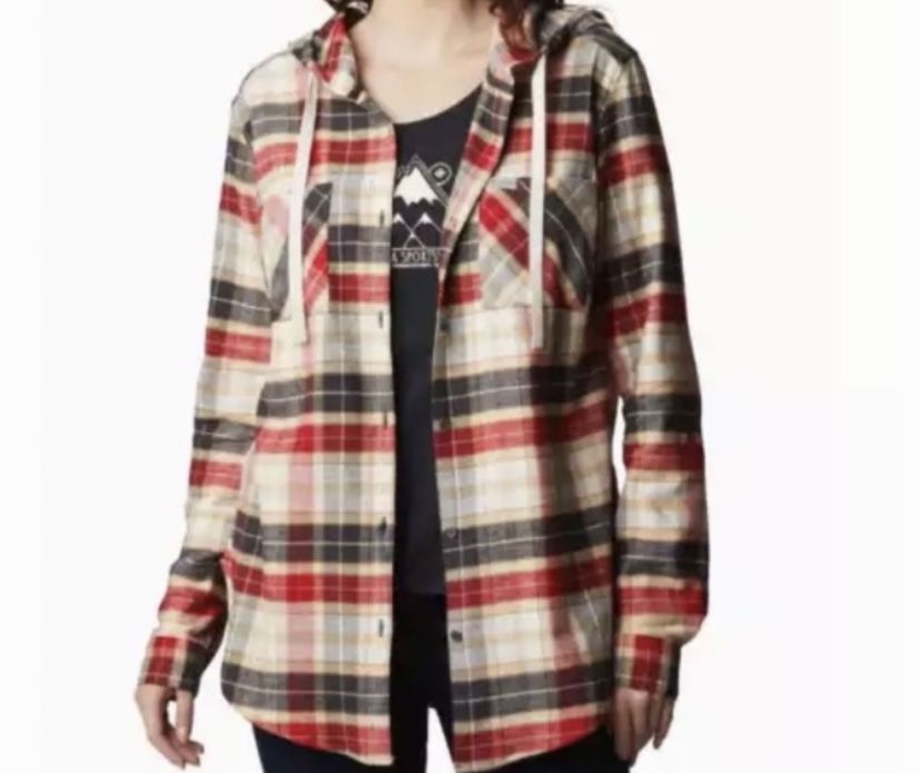 NEW women’s COLUMBIA plaid hoodie long sleeve drawcord shirt 