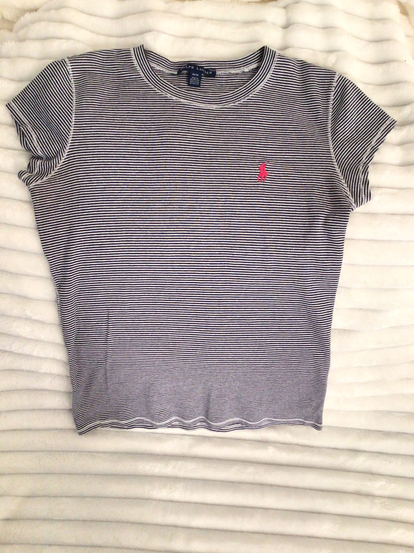 Ralph Lauren Navy Blue/White Striped T-shirt With Pink Pony Logo Sz M