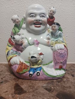 Laughing Buddha Statue With Five Children  8.5" Tall