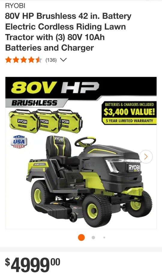 Ryobi Electric Cordless Riding Lawn Mower