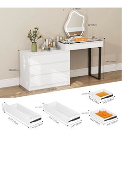 White Vanity Desk with LED Mirror and Drawers