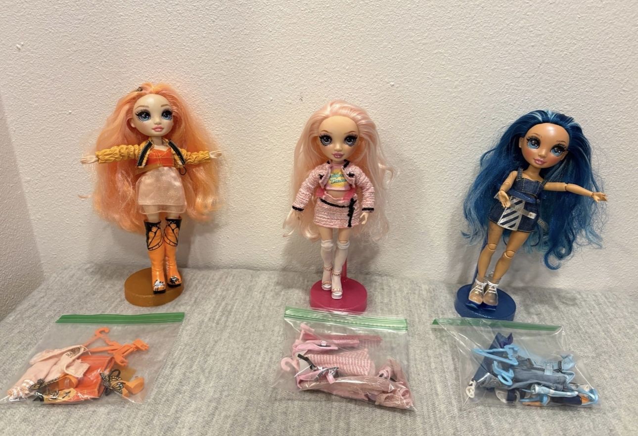 3 Rainbow High Doll Lot - Pink Blue Orange - w/ accessories - kids toys