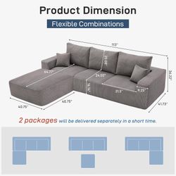 Boneless Sectional Cloud Couch Sofa for Living Room, 113 U-Shaped Modular Modern Lounge Sleeper Grey Couches with Chaise, No Assemble, Cordury Compres