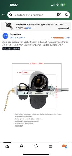 $5-Zing Ear Ceiling Fan Light Switch & Socket Replacement Parts - Ze-310d, Pull Chain Switch for Lamp Holder (Nickel Chain)