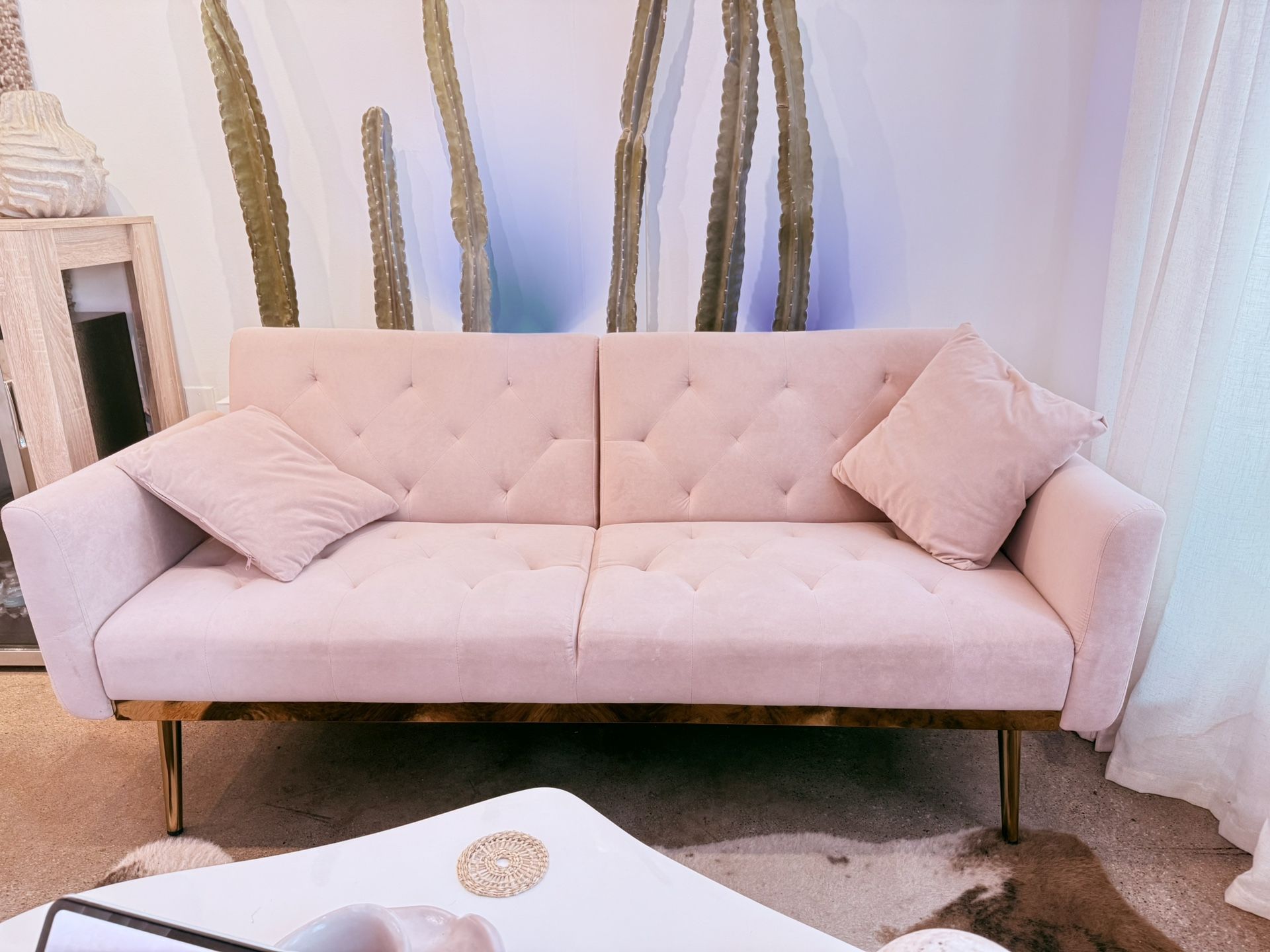 Mid-century Modern Pink Button Tufted Sofa Bed Multifunctional Velvet Folding Upholstered Sofa