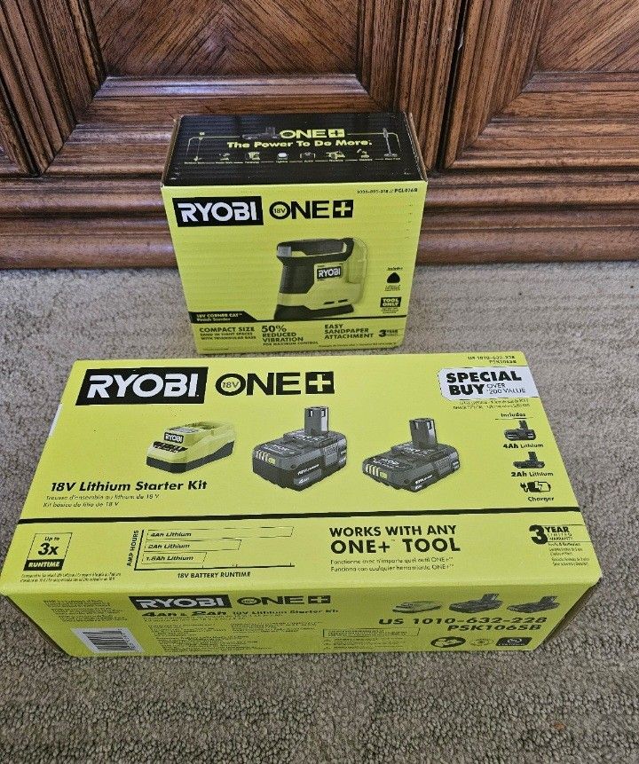 RYOBI 18V 2 BATTERIES WITH CHARGER AND RYOBI 18V CORNER CAT FINISH SANDER. BOTH BRANDNEW UNOPENED. 
Pick up only