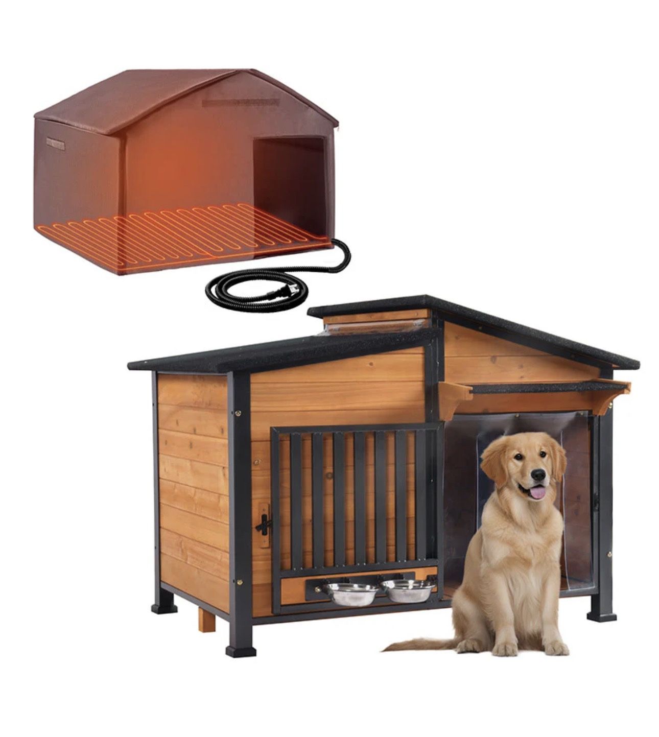 Aivituvin-AIR7021-IN-HP 39.7"L/55.9"L Heated Insulated Metal Frame Wooden Dog House - Large - Brown