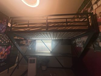 black loft bed with desk & shelves
